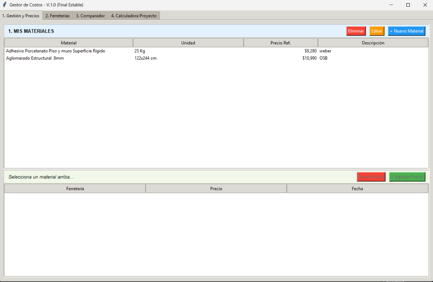 Captura de pantalla del Panel de Gestión Principal de C.C.O. mostrando una tabla de base de datos con registros de materiales y precios actualizados